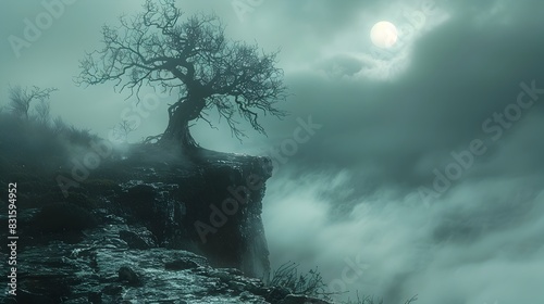 The Fools Perilous Balance Teetering on the Edge of a Misty Moonlit Cliff photo