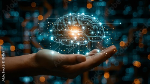 Wallpaper Mural Human hand holding a neural network brain of AI on learning analysis information and processing big data on circuit board background, Innovation, Futuristic concept Torontodigital.ca