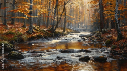 autumn forest stream art, the artists skill shines in the hand-drawn oil painting of an autumn forest stream, capturing light, color, and natural serenity with mastery