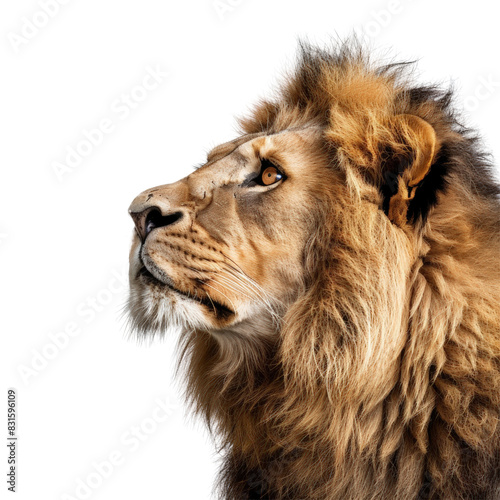 Close up of male adult lion face isolated on transparent background, cut out, png, side view