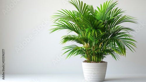 Photo of Majesty Palm - Ravenea rivularis in a modern pot position center isolate on white background, clear focus, soft lighting photo