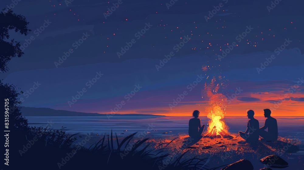 Visual of a beach bonfire with friends flat design side view night out theme water color Tetradic color scheme Visual of a beach bonfire with friends flat design side view night out theme water color Tetradic color scheme
