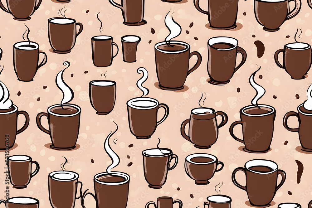 A pattern of coffee cups with steam coming out of them A pattern of coffee cups with steam coming out of them