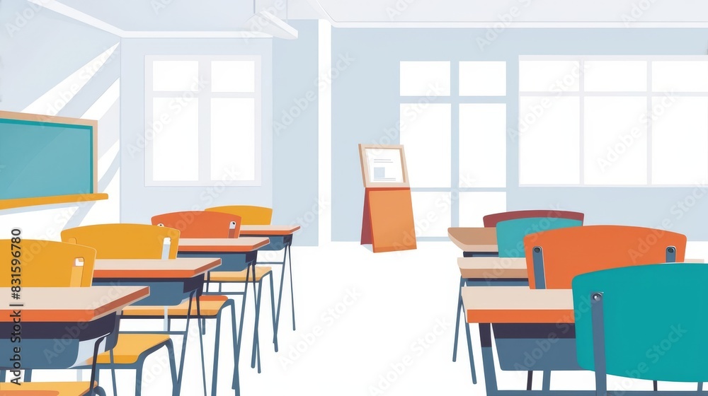 Craft an educational setting featuring rows of chairs and tables, with a wide-angle approach to convey the essence of the Back To School concept Craft an educational setting featuring rows of chairs and tables, with a wide-angle approach to convey the essence of the Back To School concept