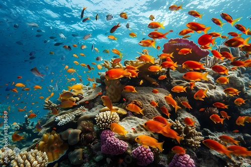 A vibrant coral reef teeming with colorful fish, communicating through body language.