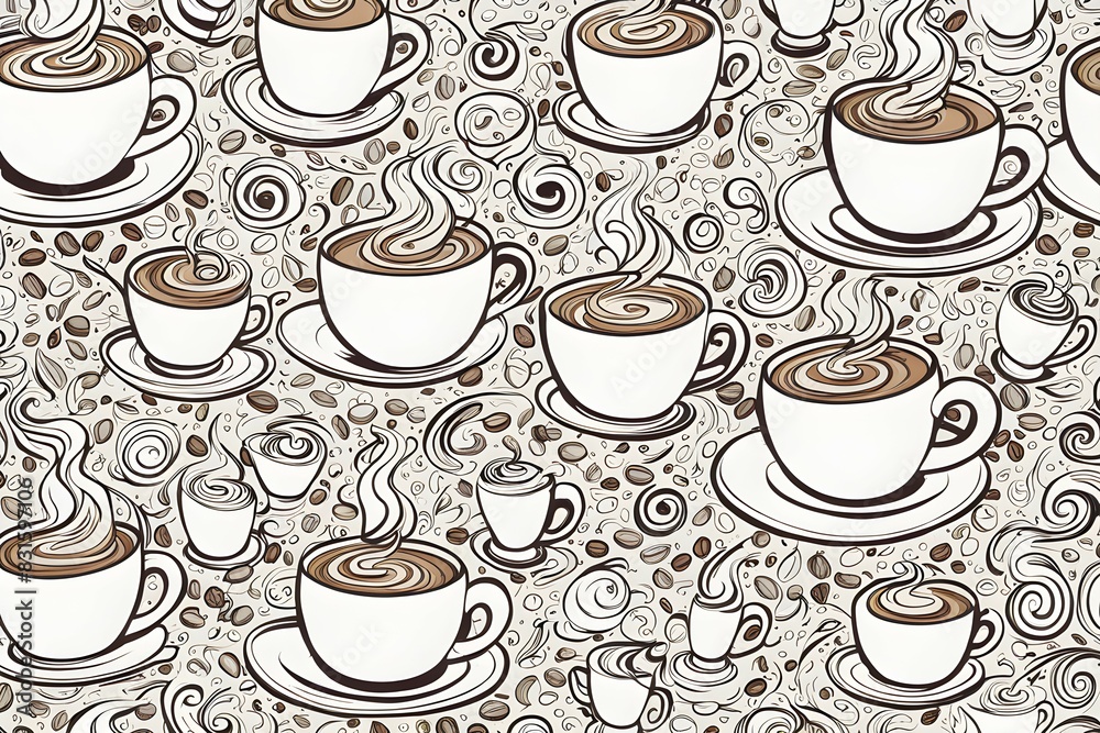 A coffee cup pattern with many cups and steam