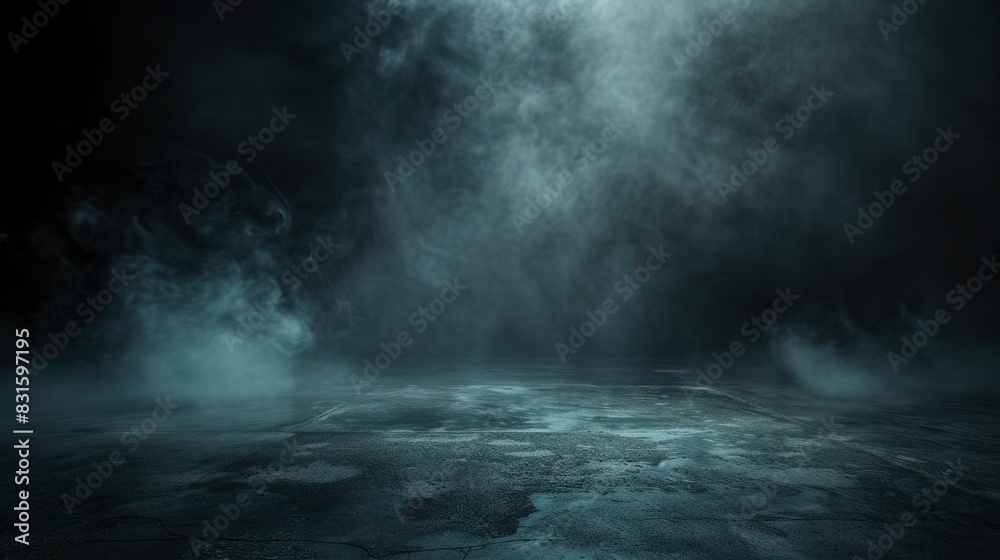 Abstract image of dark room concrete floor. Black space or stage backdrop for product placement. White turbidity, fog or light blue mist moving on black background - Generetive Ai