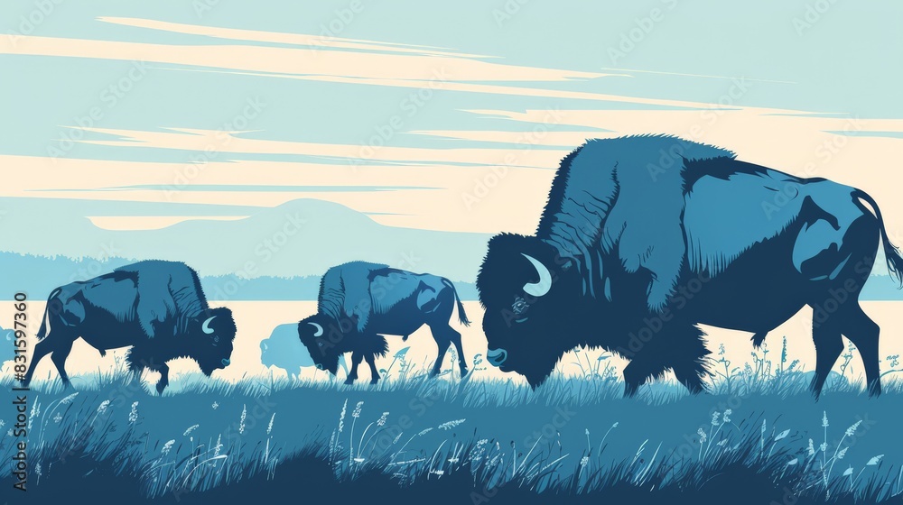 Visual of a buffalo herd in grasslands flat design side view great grazer theme cartoon drawing Monochromatic Color Scheme Visual of a buffalo herd in grasslands flat design side view great grazer theme cartoon drawing Monochromatic Color Scheme