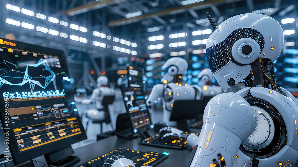 Fototapeta premium Robots working in futuristic AI control center with computers