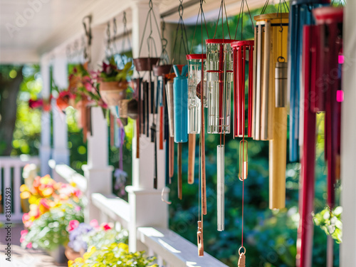 Close-up of colorful wind chimes on porch with potted plants and flowers in background.