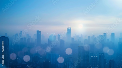 A panorama of a city skyline with air quality monitoring stations that utilize AI to provide realtime data to city officials for decision making.