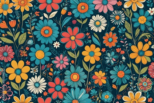 A colorful floral pattern with many different colored flowers
