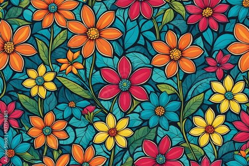 A colorful floral pattern with a blue background © rizkan
