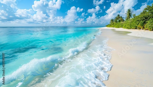 idyllic maldives beach with white sand turquoise ocean waves and blue sky reflections summer landscape