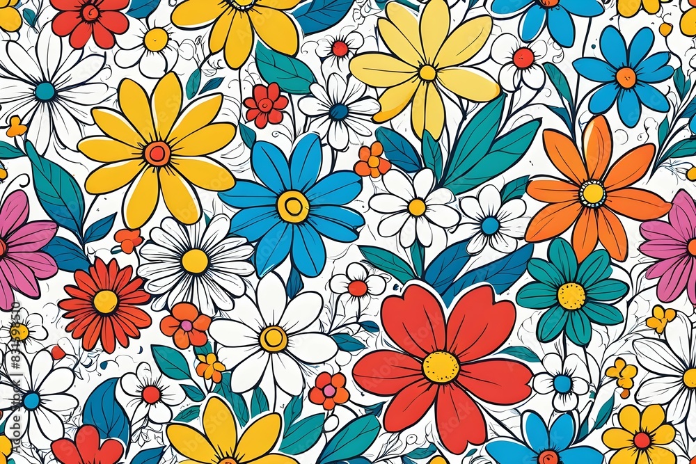 A colorful floral pattern with many different colored flowers