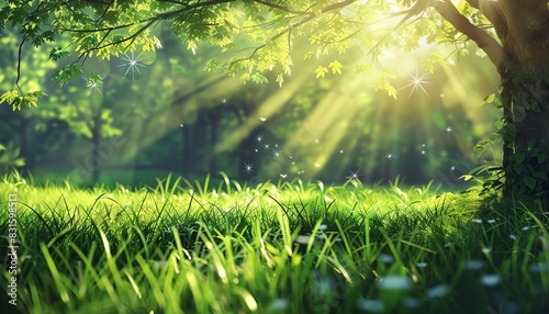 idyllic summer park with lush green grass glade and warm sunlight panoramic nature concept illustration photo