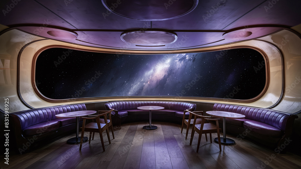 Futuristic lounge with curved seating and tables, featuring large window showcasing view of outer space with stars and galaxy. Futuristic lounge with curved seating and tables, featuring large window showcasing view of outer space with stars and galaxy.