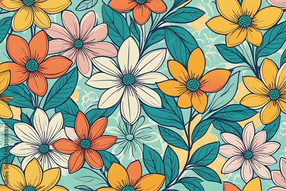 A colorful floral pattern with a blue background