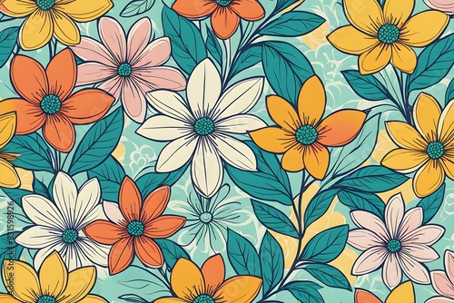 Wallpaper Mural A colorful floral pattern with a blue background Torontodigital.ca