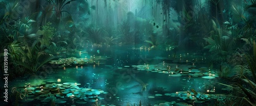 Abstract Jungle With Bioluminescent  Glowing Plants  Background