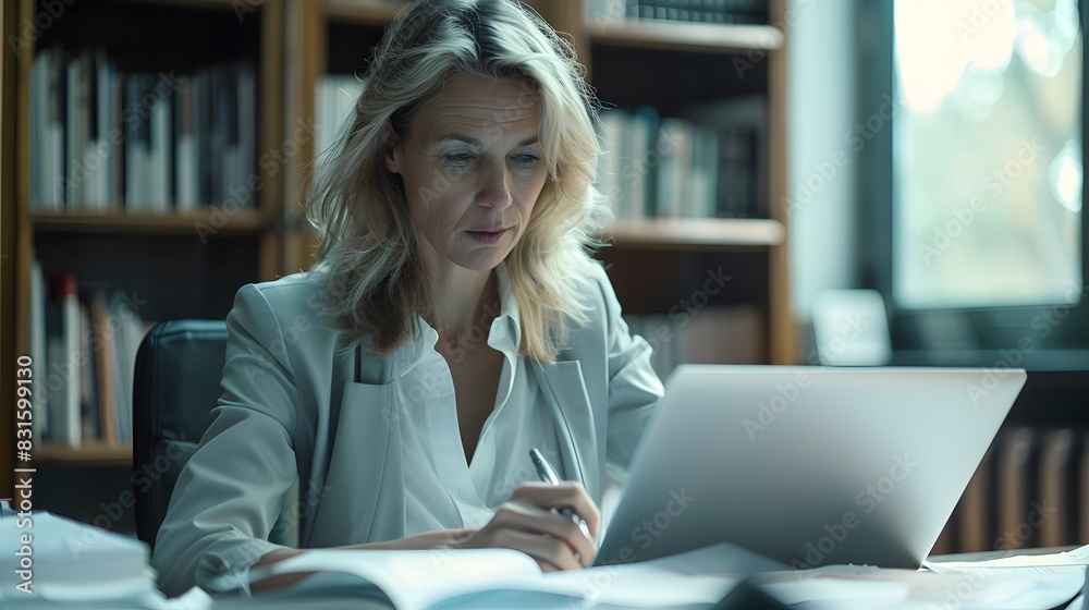 Happy mature business woman call centre representative customer support agent talking to client, smiling middle aged senior female operator wearing headset working using laptop computer in office.