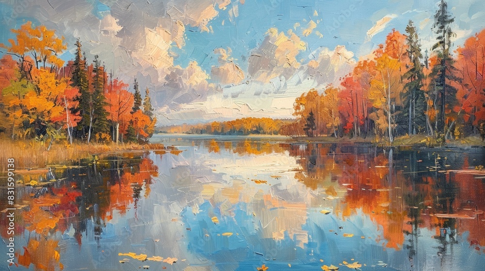 Naklejka premium autumn lake painting, original artwork of autumn landscape by the lake, showcasing vibrant colors and peaceful water reflections, created using oil paints