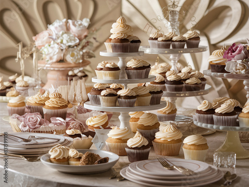 Lavish dessert table filled with various cupcakes, including chocolate and vanilla flavors, topped with swirled frosting. Elegantly decorated with flowers and fine china.