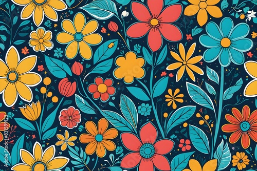 Wallpaper Mural A colorful floral pattern with a blue background Torontodigital.ca