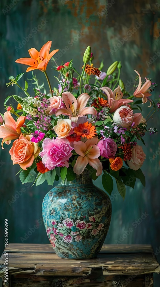 Elegant floral arrangement with vibrant roses, lilies, and peonies in a vintage vase, set against a rustic wooden table Elegant floral arrangement with vibrant roses, lilies, and peonies in a vintage vase, set against a rustic wooden table