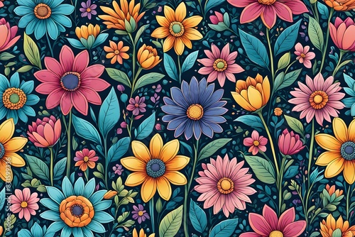 A colorful floral pattern with a blue background