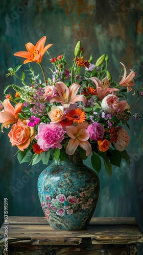 Elegant floral arrangement with vibrant roses, lilies, and peonies in a vintage vase, set against a rustic wooden table