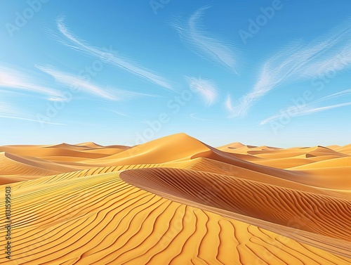 Expansive desert dunes under a clear blue sky  with rippling sand patterns and a solitary camel in the distance  capturing the vastness and beauty of the desert