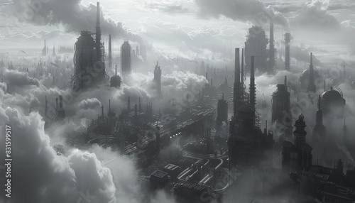Expansive industrial landscape with towering smokestacks, vast factory complexes, and intricate networks of pipes under a cloudy sky