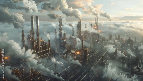 Expansive industrial landscape with towering smokestacks  vast factory complexes  and intricate networks of pipes under a cloudy sky