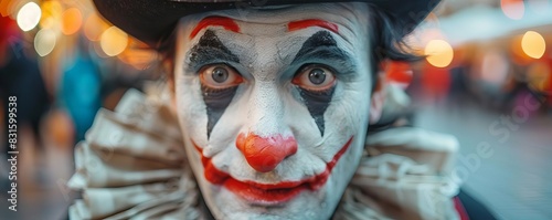 Expressive street performer in mime makeup, creating imaginative scenes and entertaining passersby in a bustling urban setting