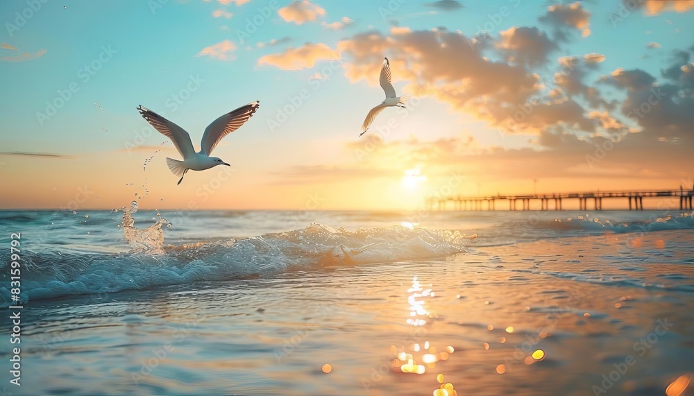 Fototapeta premium Idyllic sunrise beach with tranquil waters, seagulls in flight, and a wooden pier extending into the horizon, bathed in soft morning light