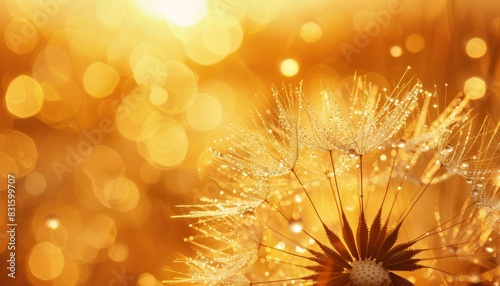 macro shot of delicate dandelion seed with glistening water droplets golden sunlight creating dreamy bokeh