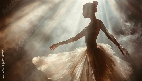 Graceful ballet dancer performing an elegant arabesque on a grand stage, illuminated by soft spotlight, with a delicate tulle tutu flowing