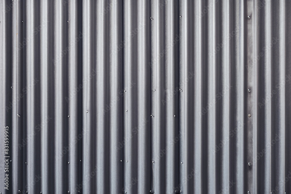 Close-up of corrugated metal sheet with vertical ridges and metallic finish.