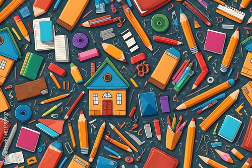 A colorful drawing of a house with a bunch of pencils