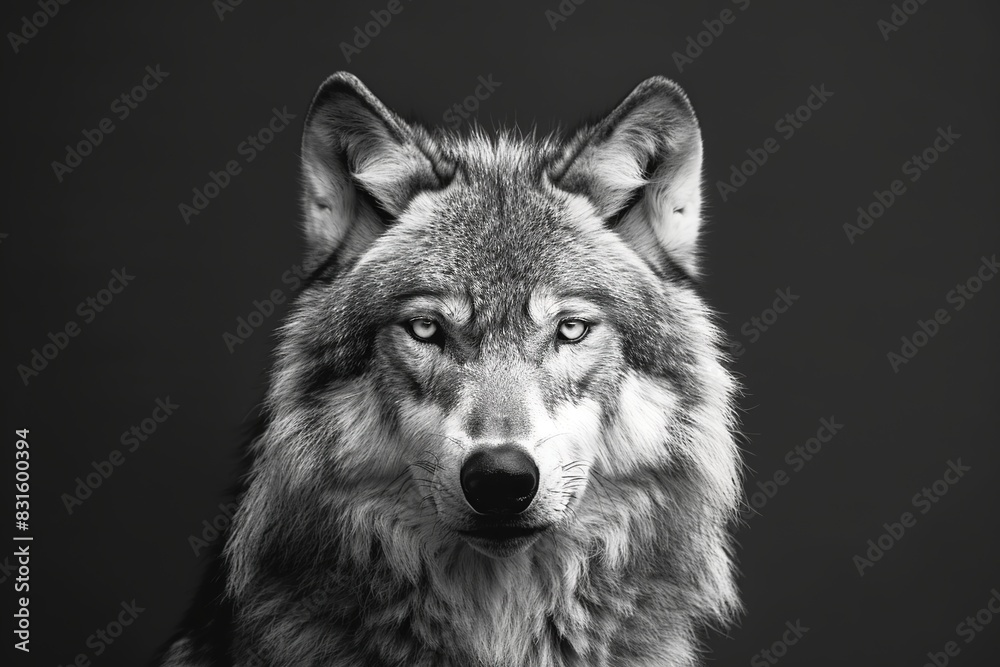 Front view of Wolf isolated on black background. Black and white portrait of wolf Front view of Wolf isolated on black background. Black and white portrait of wolf