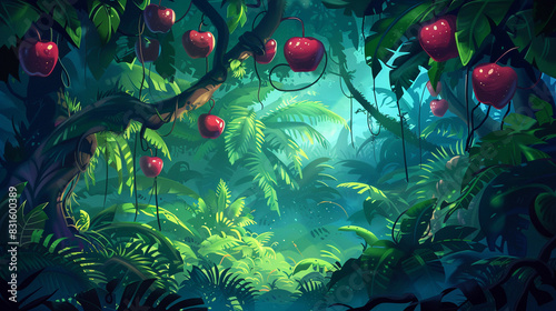 Collection of background illustrations game assets of banana,apple and paradise islands  
