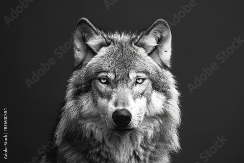 Front view of Wolf isolated on black background. Black and white portrait of wolf