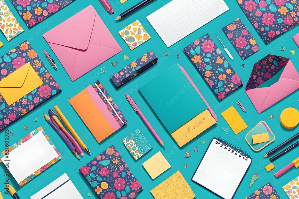 A variety of colorful stationery items, including pens, pencils, notebooks A variety of colorful stationery items, including pens, pencils, notebooks