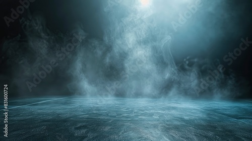 Abstract image of dark room concrete floor. Black space or stage backdrop for product placement. White turbidity, fog or light blue mist moving on black background - Generetive Ai