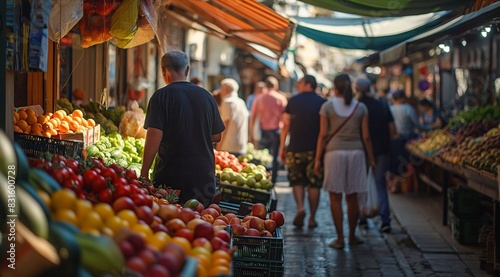 People walk in the sunny day at an outdoor market, shopping for fruits and vegetables. generative AI