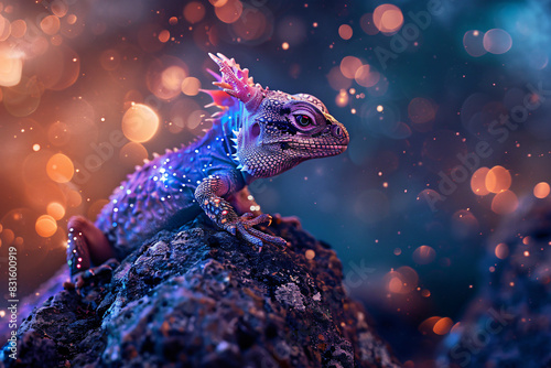 A colorful lizard is sitting on a rock photo