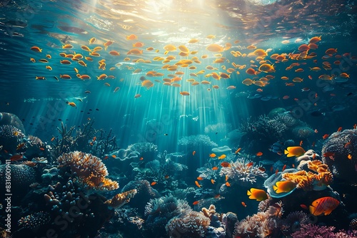 A vibrant underwater scene with schools of colorful fish swimming through coral reefs bathed in sunlight.