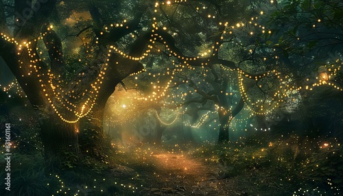 mysterious enchanted forest with glowing fairy lights and ancient trees digital painting