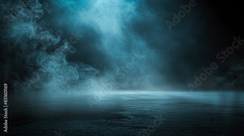 Abstract image of dark room concrete floor. Black space or stage backdrop for product placement. White turbidity, fog or light blue mist moving on black background - Generetive Ai